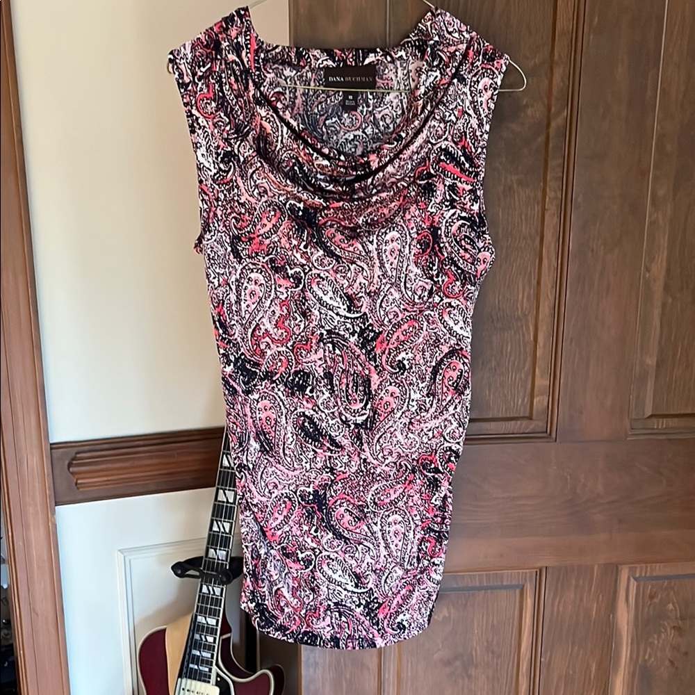 Lightweight cowl neck sleeveless blouse with colorful paisley print, XS